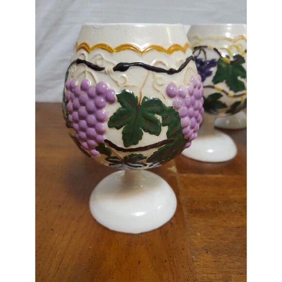 Arnels Ceramic Wine Goblet Glasses Set Of 6 Purple Grapes Green Vines Embossed - Picture 4 of 9